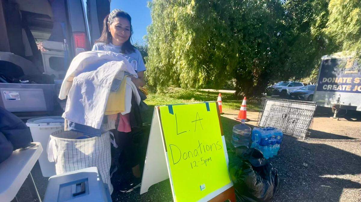 Del Owen, of San Luis Obispo, gathers donations for people displaced by the devastating fires raging in Southern California in January 2025.