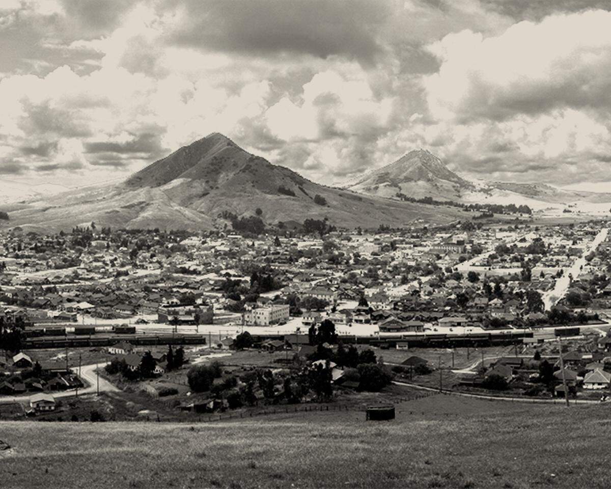 A portion of the 1930 panorama of San Luis Obispo created by photographer Frank Aston. At the time, Terrace Hill was about 60 feet taller than it is now. The top of the hill was removed to use as road gravel in the construction of Highway 101.
