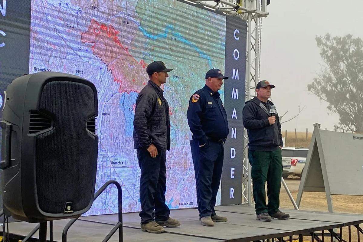 During the foggy Wednesday morning Lake Fire briefing, the incident commanders spoke to crews heading to the fire lines. From left are Anthony Stornetta, Santa Barbara County Fire, Cal Fire’s Todd Hopkins and Joshua Boehm from the U.S. Forest Service.