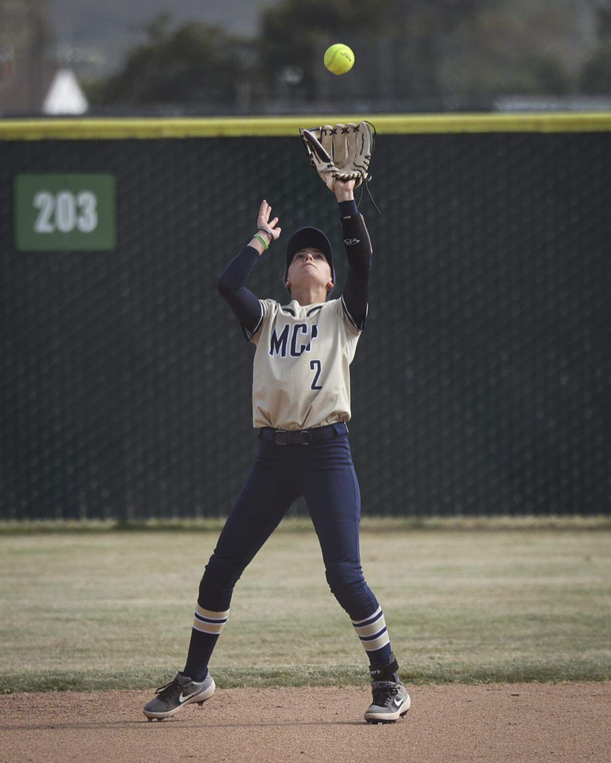 Mikaylee Gordon catches a pop up. Mission Prep won 2-0 over Kerman in a softball playoff May 22, 2024.