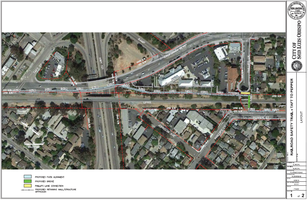 An aerial map outlining where the new Railroad Safety Trail extension will be constructed in SLO.