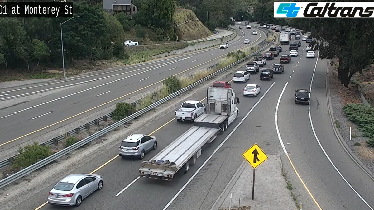 A sedan drove into the center median at the base of the Cuesta Grade, slowing traffic on northbound Highway 101 on Tuesday, May 23, 2023.