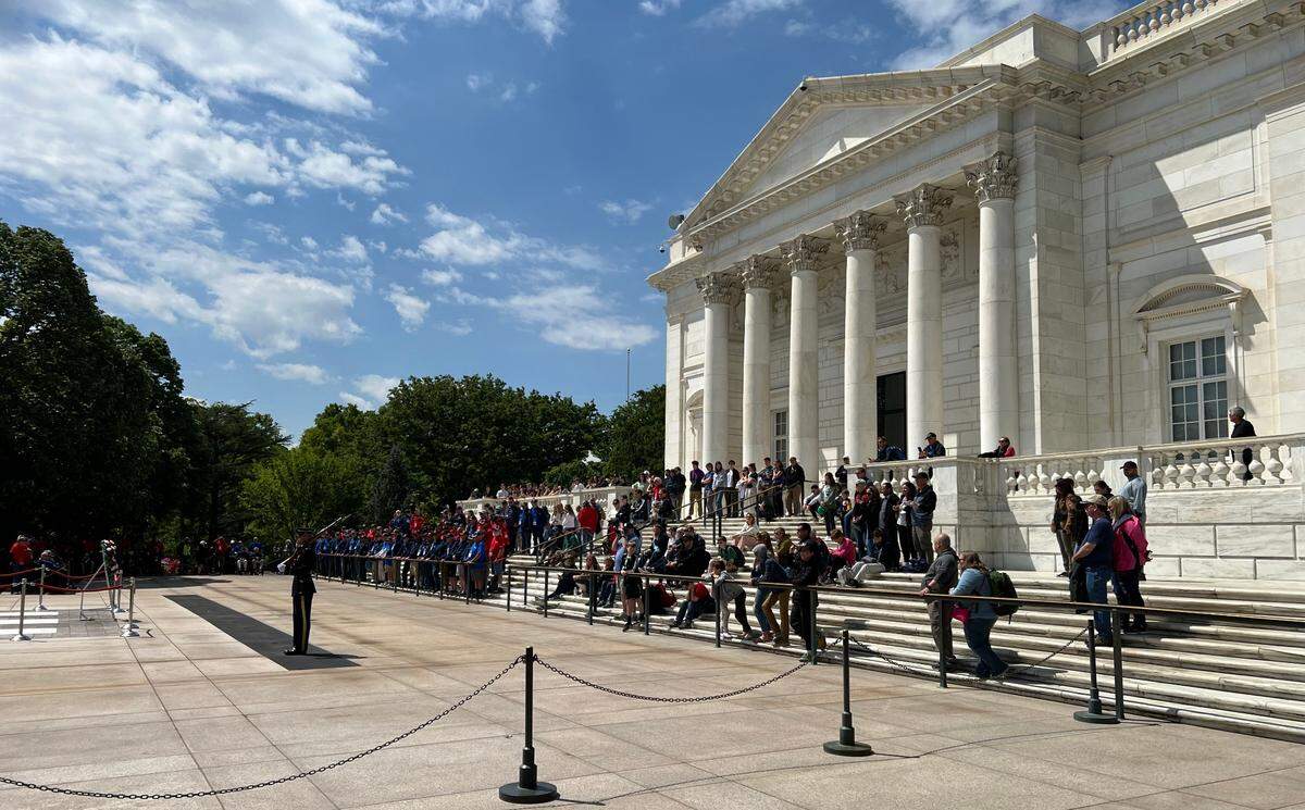 Honor Flight participants from the Central Coast gather at the Tomb of the Unknown Soldier at Arlington Cemetery in Washington, D.C., on Tuesday, April 25, 2023.