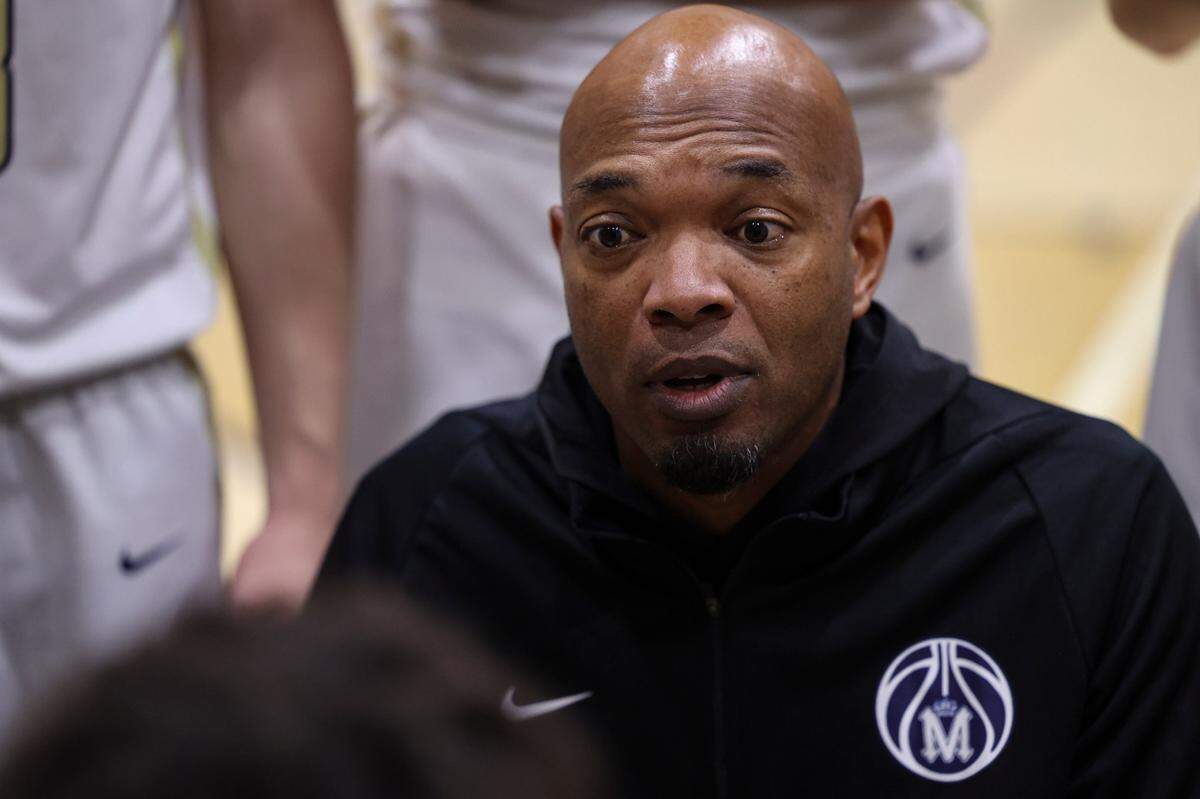 Coach Terrance Harris talks during a time out. Mission Prep won 62-51 over Independence basketball playoff Feb. 15, 2024.