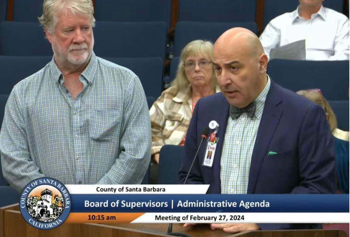 Goleta West Sanitary District general manager Brian McCarthy, left, and Santa Barbara County Public Health Director Dr. Mouhanad Hammami, right, update the Board of Supervisors on the massive sewage spill.