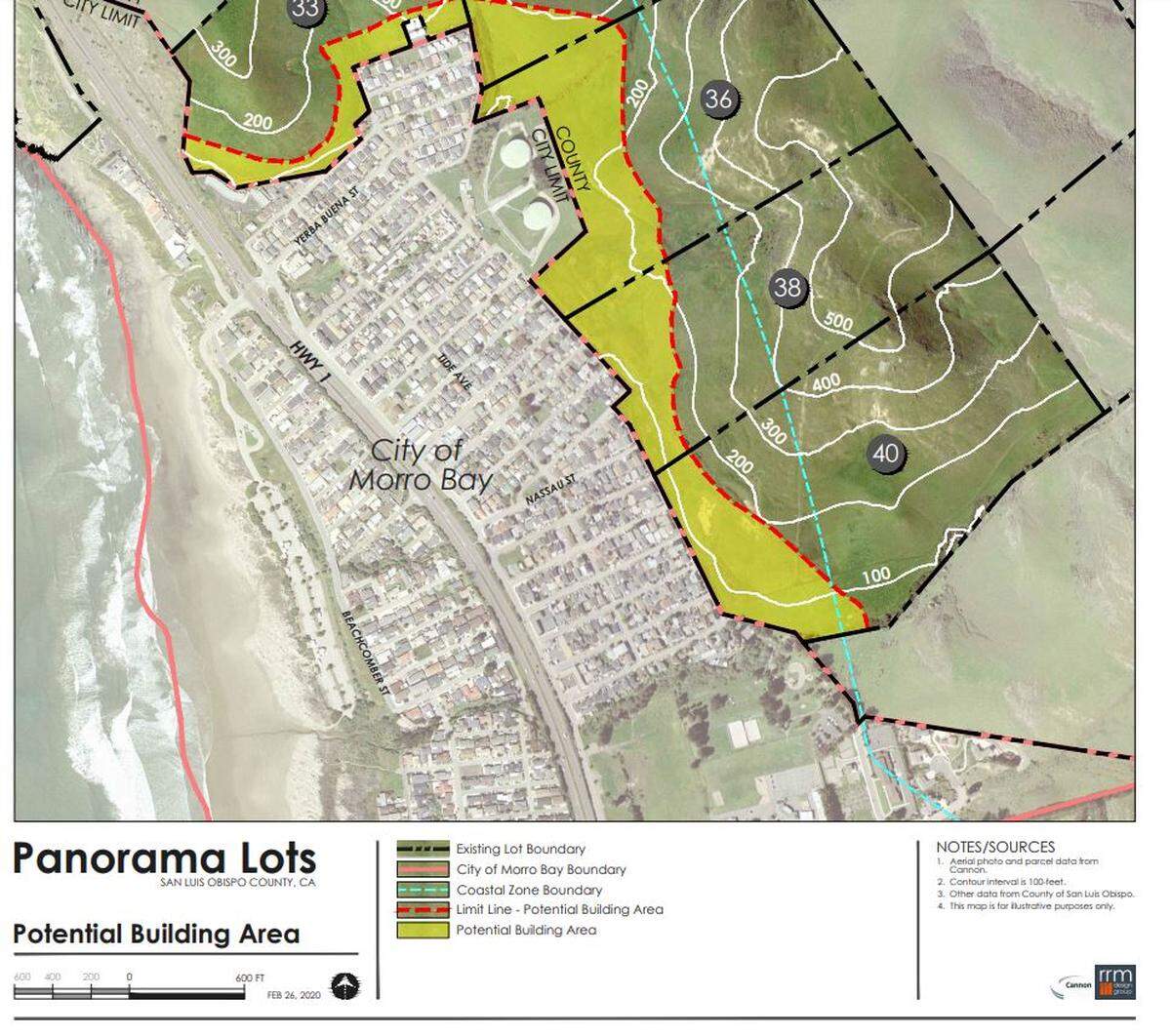 This rendering shows five parcels that Chevron plans to sell privately and could be annexed into the city of Morro Bay. The yellow portion shows where an individual home on each separate parcel could be built under ag zoning rules.