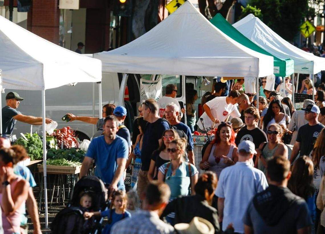 Scenes from Farmers Market downtown San Luis Obispo, Higuera Street.