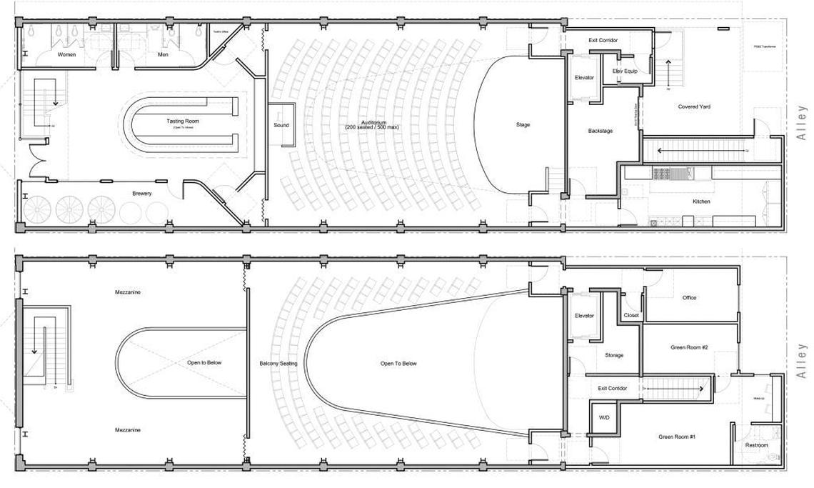 New renderings for the Fox Theatre call for a two-story concert venue with a tasting room and small brewery at the front of the house. The top floor would feature a mezzanine and balcony seating, both with cutouts to the floor below.