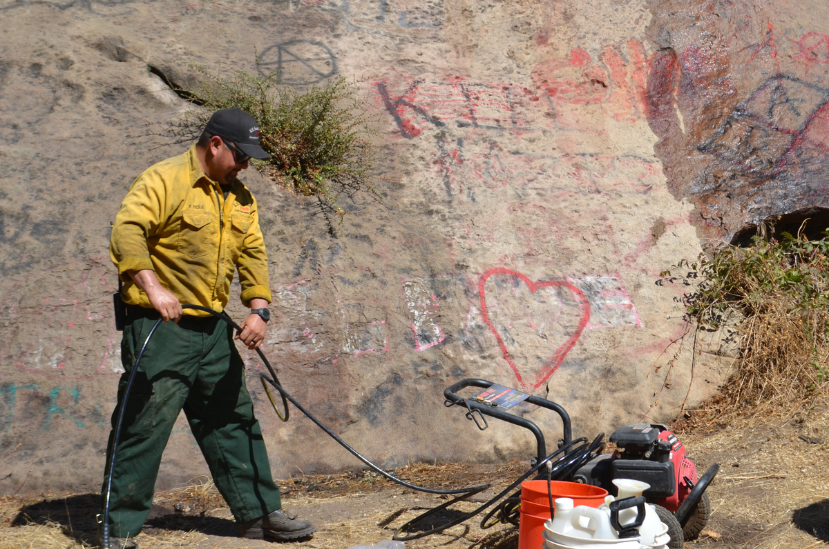 The Los Padres National Forest used a power washer to remove swastikas and other graffiti from a rock formation on Wednesday, Sept. 27, 2023.