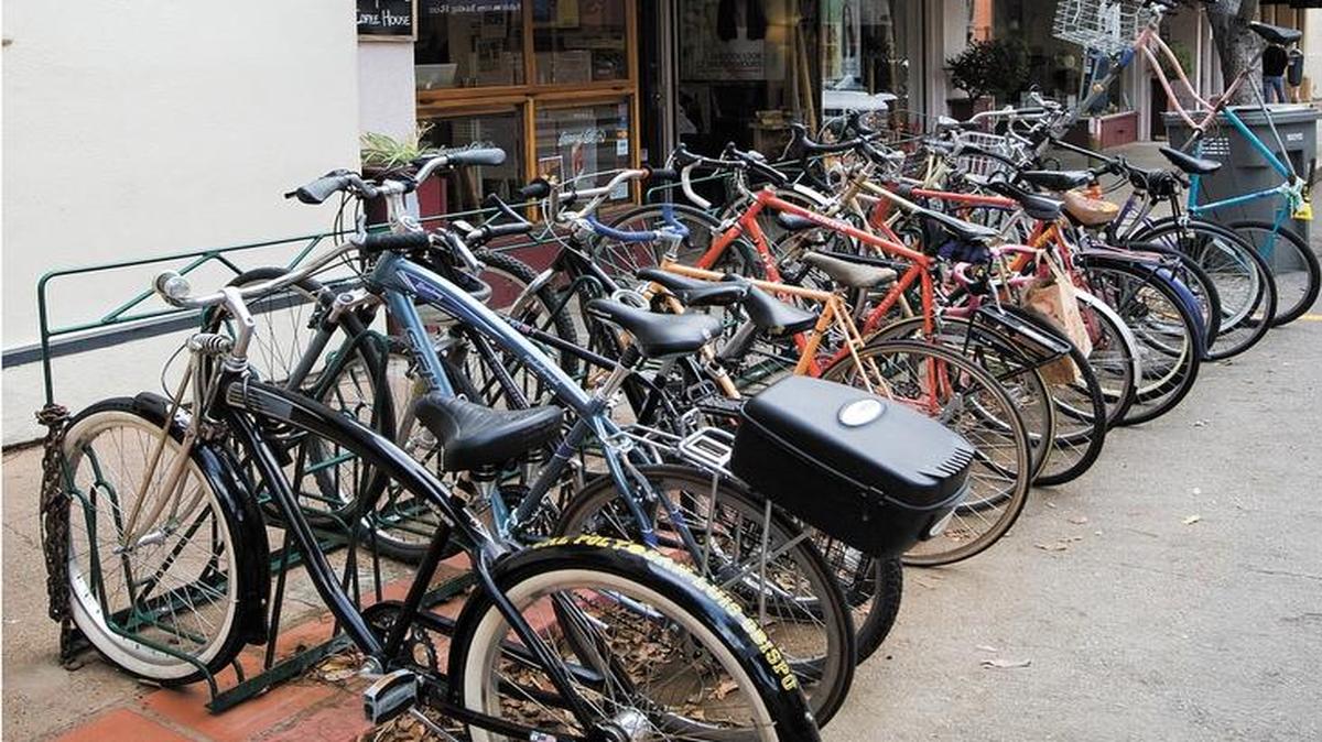 The bike rack in front Linnaea’s Cafe in downtown San Luis Obispo is often filled up with bikes.
