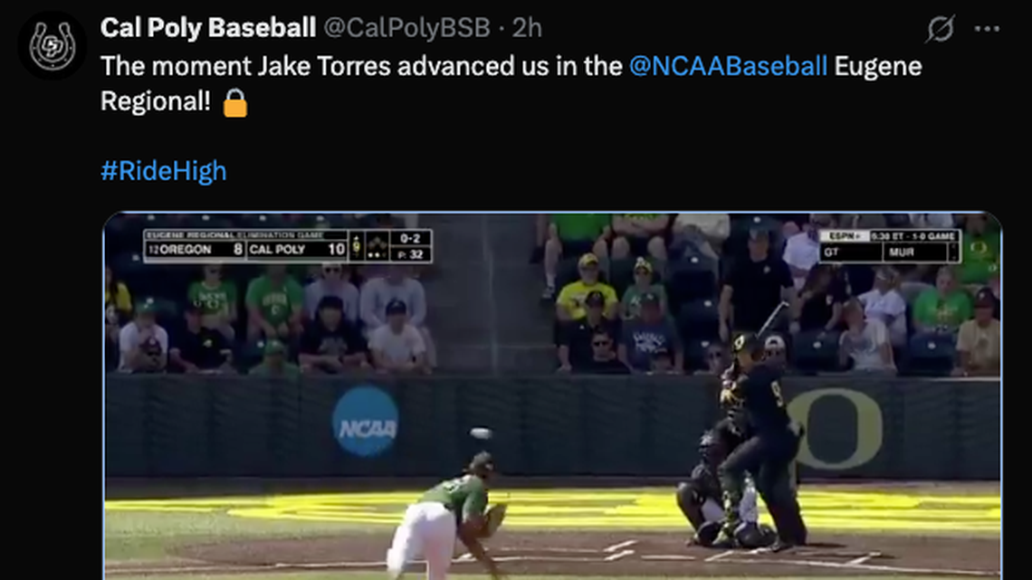 Cal Poly wins fourth straight elimination game, beating No. 1 Oregon, 10-8