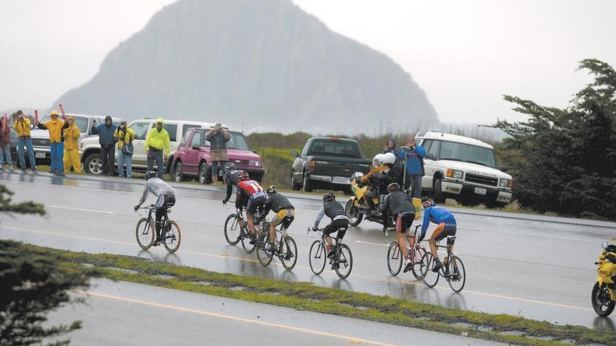 Amgen Tour of California riders head south on Highway 1 between Cayucos and Morro Bay during the 2008 race.