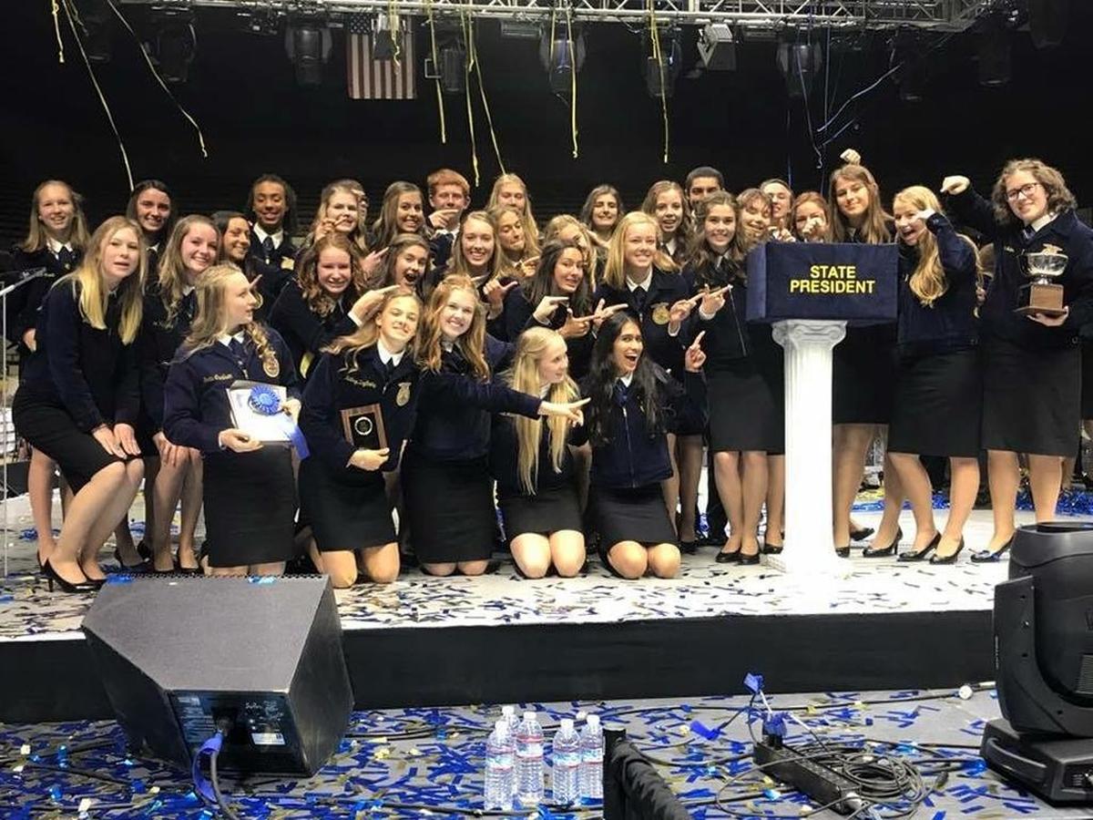 San Luis Obispo Chapter group members at the California FFA State Leadership Conference right after alumnus Luke O’Leary was elected president.
