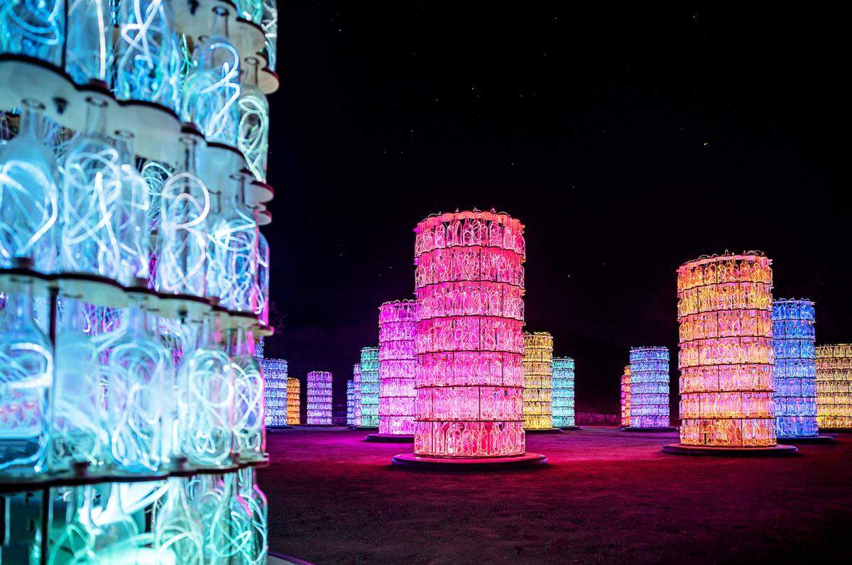 Sensorio will have a new attraction when it reopens: 69 “Light Towers” made of 17,000 wine bottles filled with glowing optic fibers that change colors in time with music.