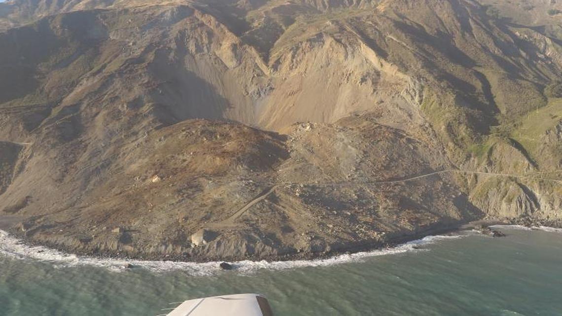 Crews are planning a route across the loose debris field created by the Mud Creek Slide on Highway 1. It’s one of California’s largest coastal landslides in recent history. This photo shows the slide and route on Tuesday, June 13, 2017.