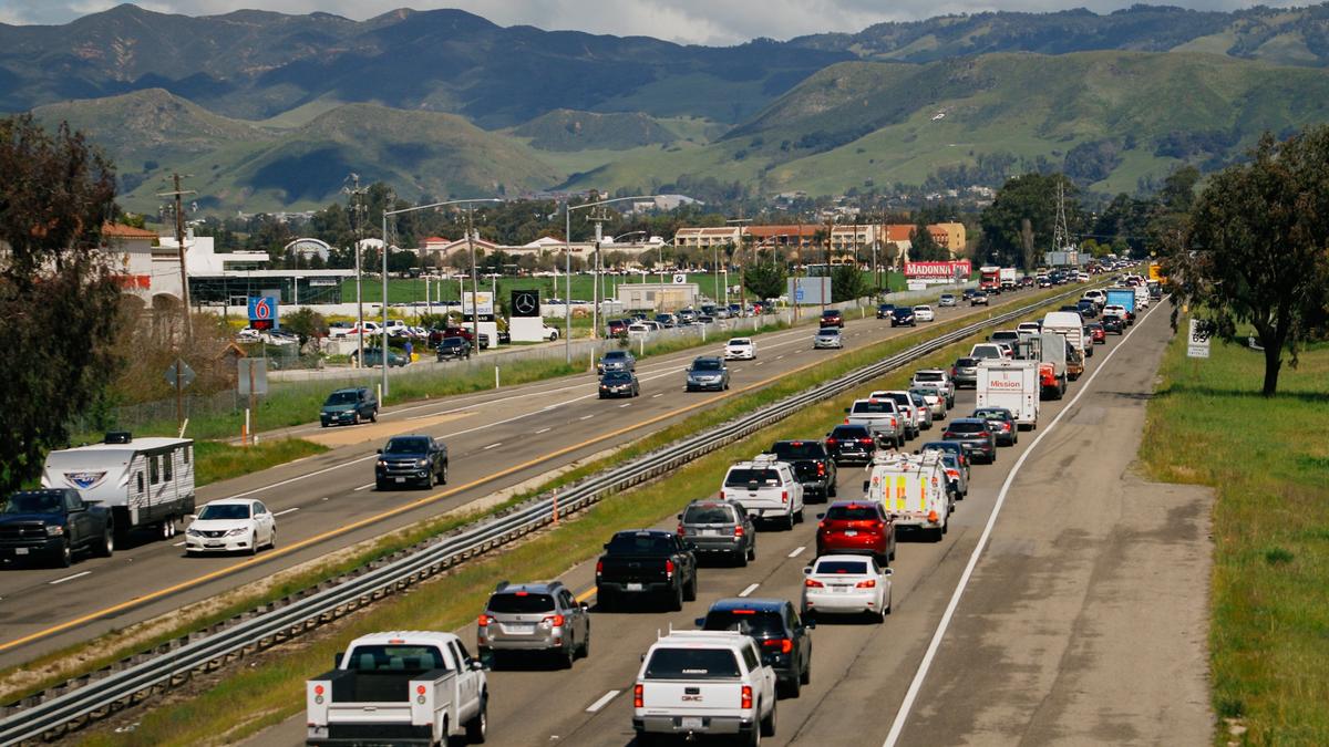 Traffic back up on northbound Highway 101 heading toward the location of the proposed Prado Road interchange in San Luis Obispo.