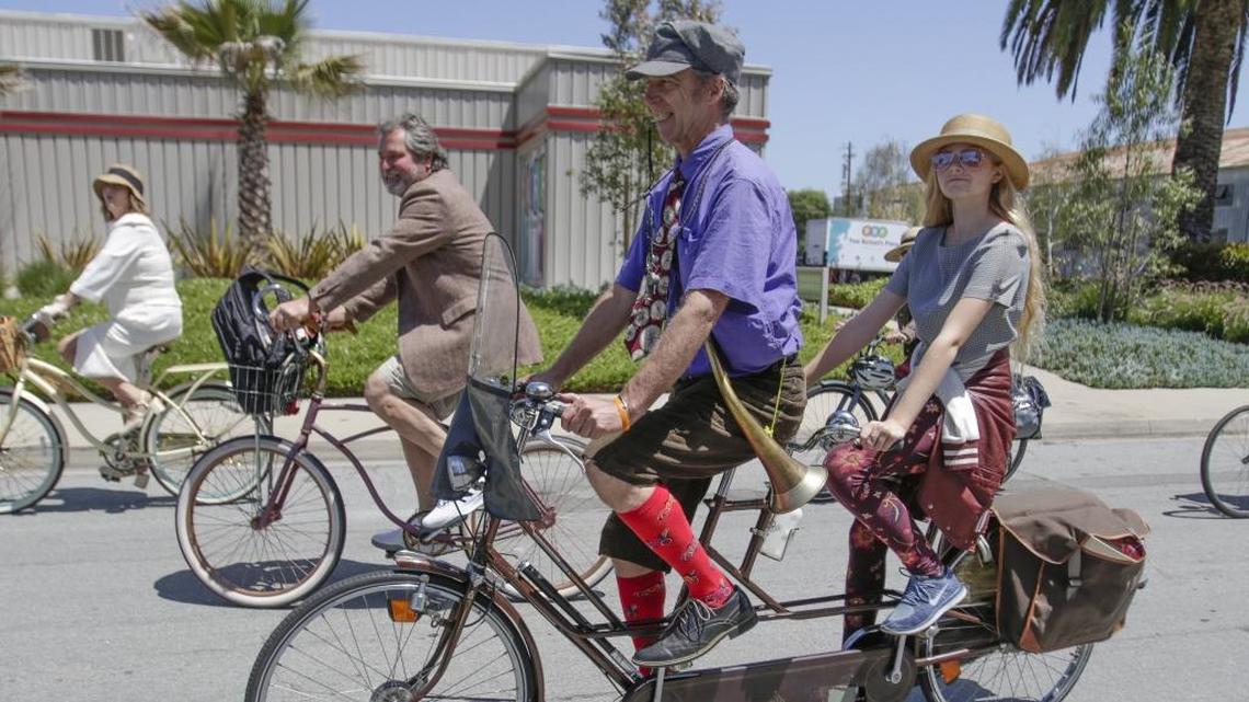 The seventh annual Tweed Ride wound its way around San Luis Obispo on Saturday, May 12, 2018. The ride began at Triangle Park in San Luis Obispo and ended with a picnic in the park. The ride features cyclists sporting their best turn-of-the-century attire taking a “lovely and leisurely ride around town” in celebration of Bike Month. The Tweed Bike riders head out toward downtown San Luis Obispo.
