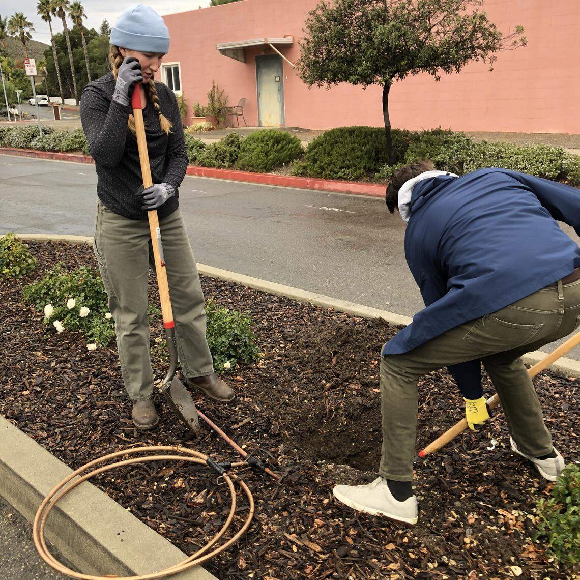 ECOSLO plants a tree on Mutsuhito Avenue behind Taste in SLO. ECOSLO is partnering with SLO’s TBID program to plant more trees as part of the new Keys for Trees program.