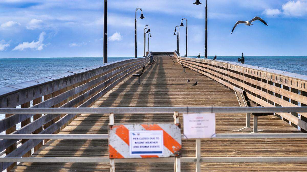The Cayucos Pier was closed on Tuesday, Feb. 5, 2024, after sustaining damage from recent atmospheric river storms.