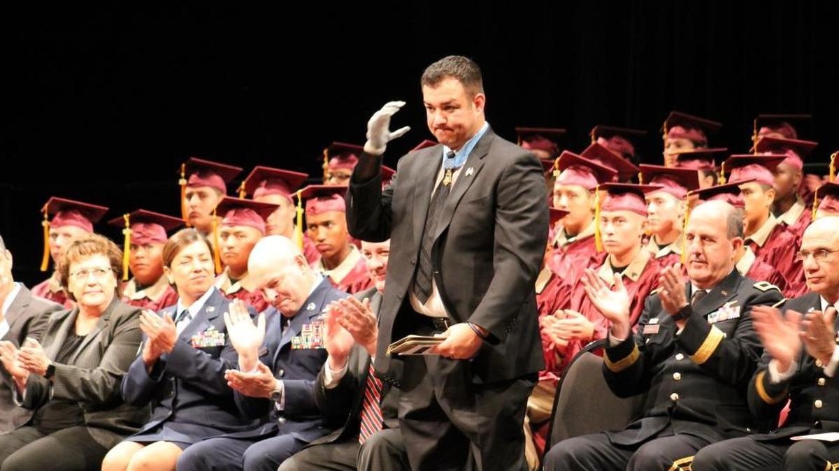 Retired Army Master Sgt. Leroy Petry, a Medal of Honor recipient, addressed the graduating class of the Grizzly Youth Academy in San Luis Obispo on Thursday, Dec. 14, 2017.