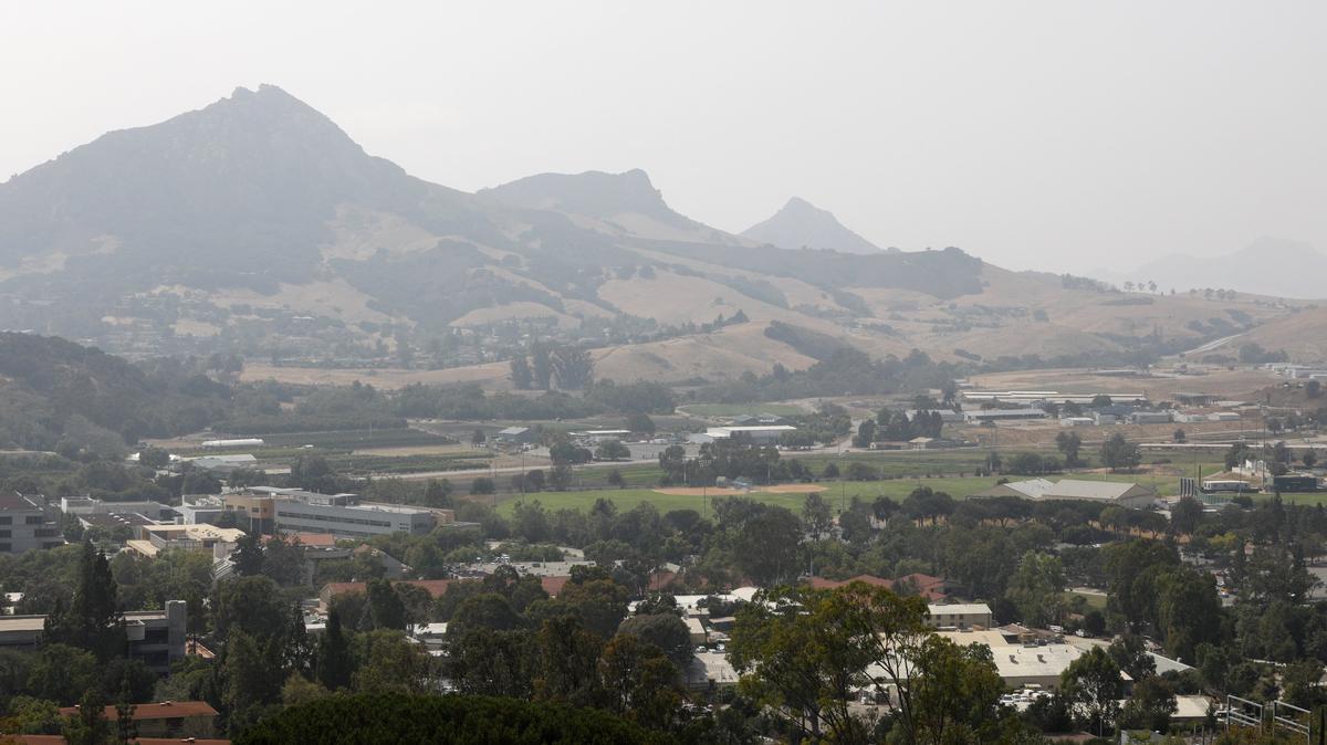 Air quality was poor on Friday as smoke from northern fires blew into the Central Coast. Fading into the murk from the left: Bishop Peak, Chumash Peak, Cerro Romauldo, Hollister Peak.