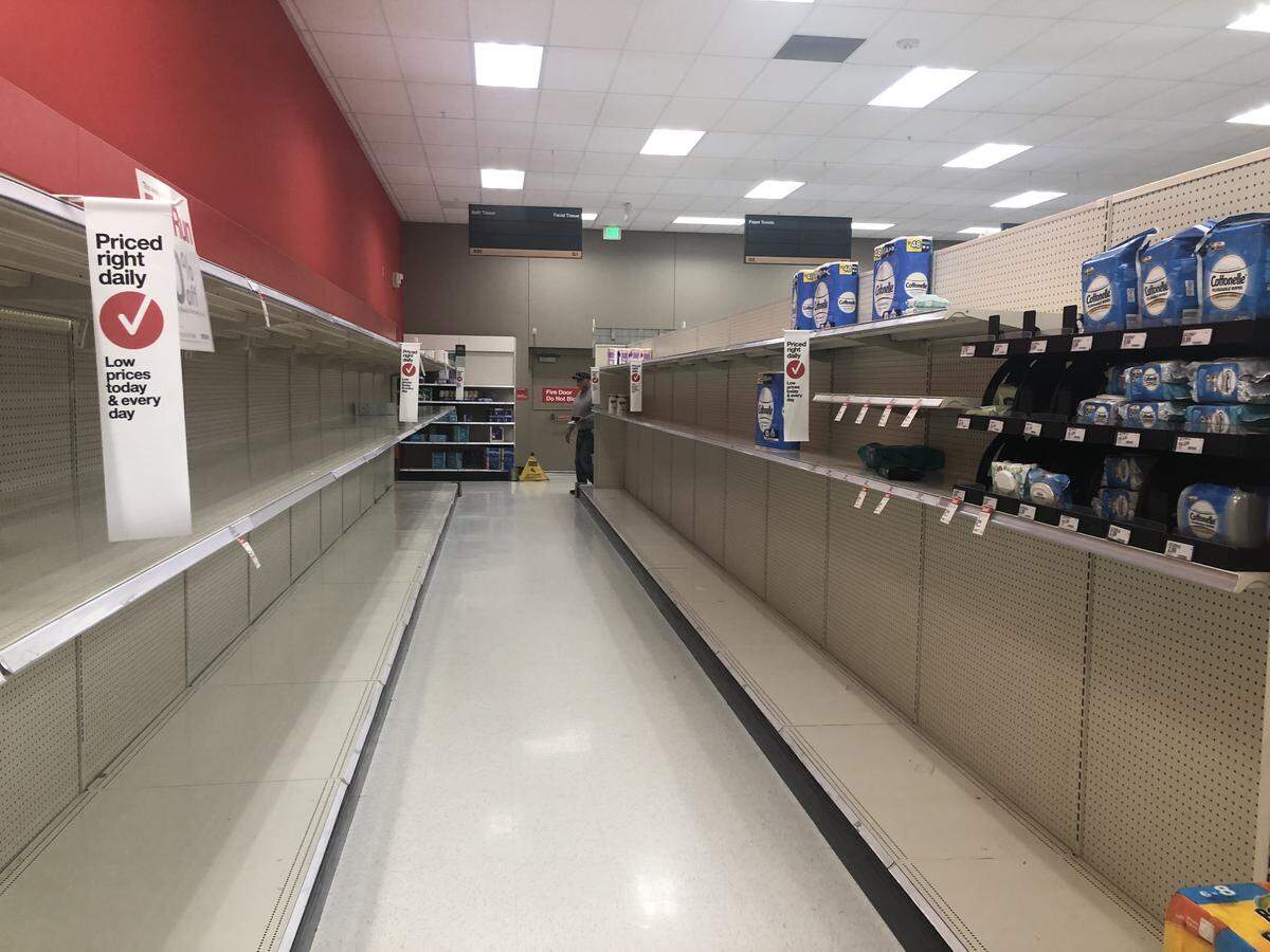 Empty shelves at Target in SLO due to shoppers buying up items to prevent coronavirus exposure.