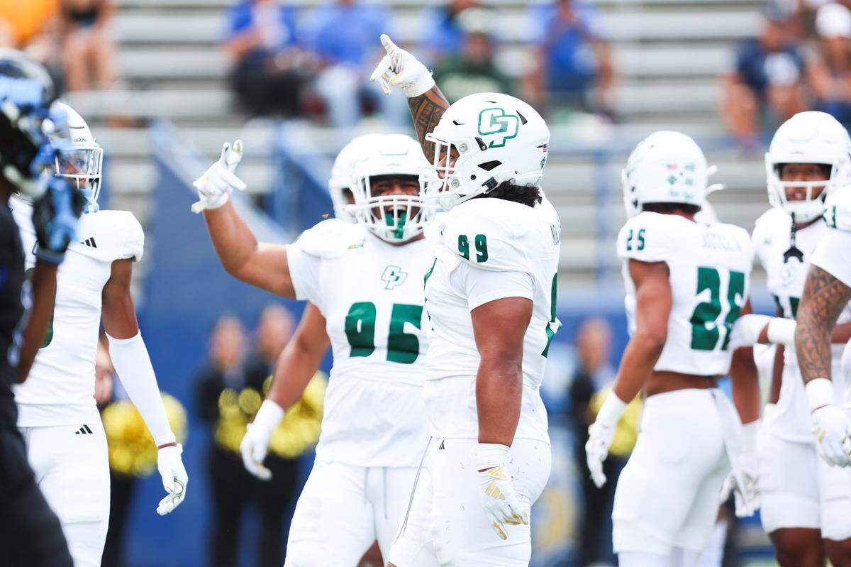 Cal Poly Mustangs defensive lineman Josh Ngaluafe (99) warms up before Cal Poly’s 59-3 loss to San Jose State at CEFCU Stadium in San Jose on Sept. 9, 2023.