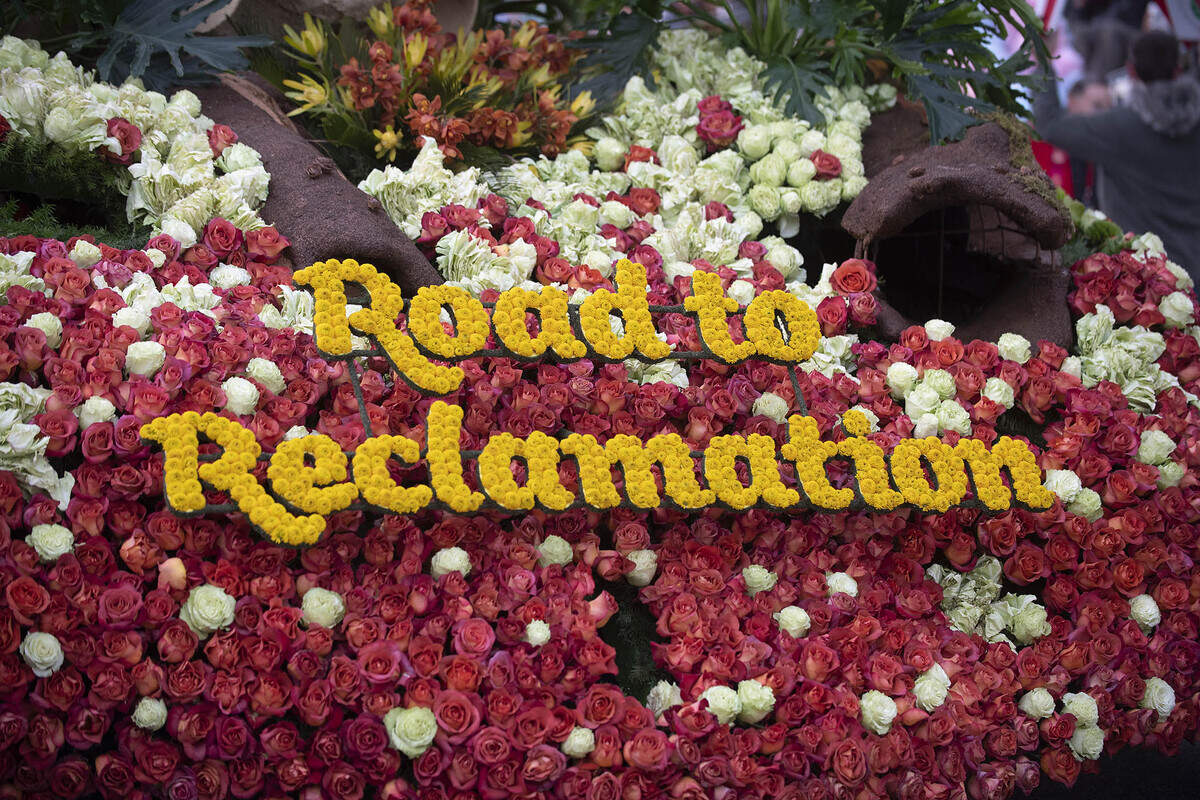 The Cal Poly Universities Rose Float, “Road to Reclamation,” makes its way down Colorado Blvd in Pasadena on Jan. 2, 2023.