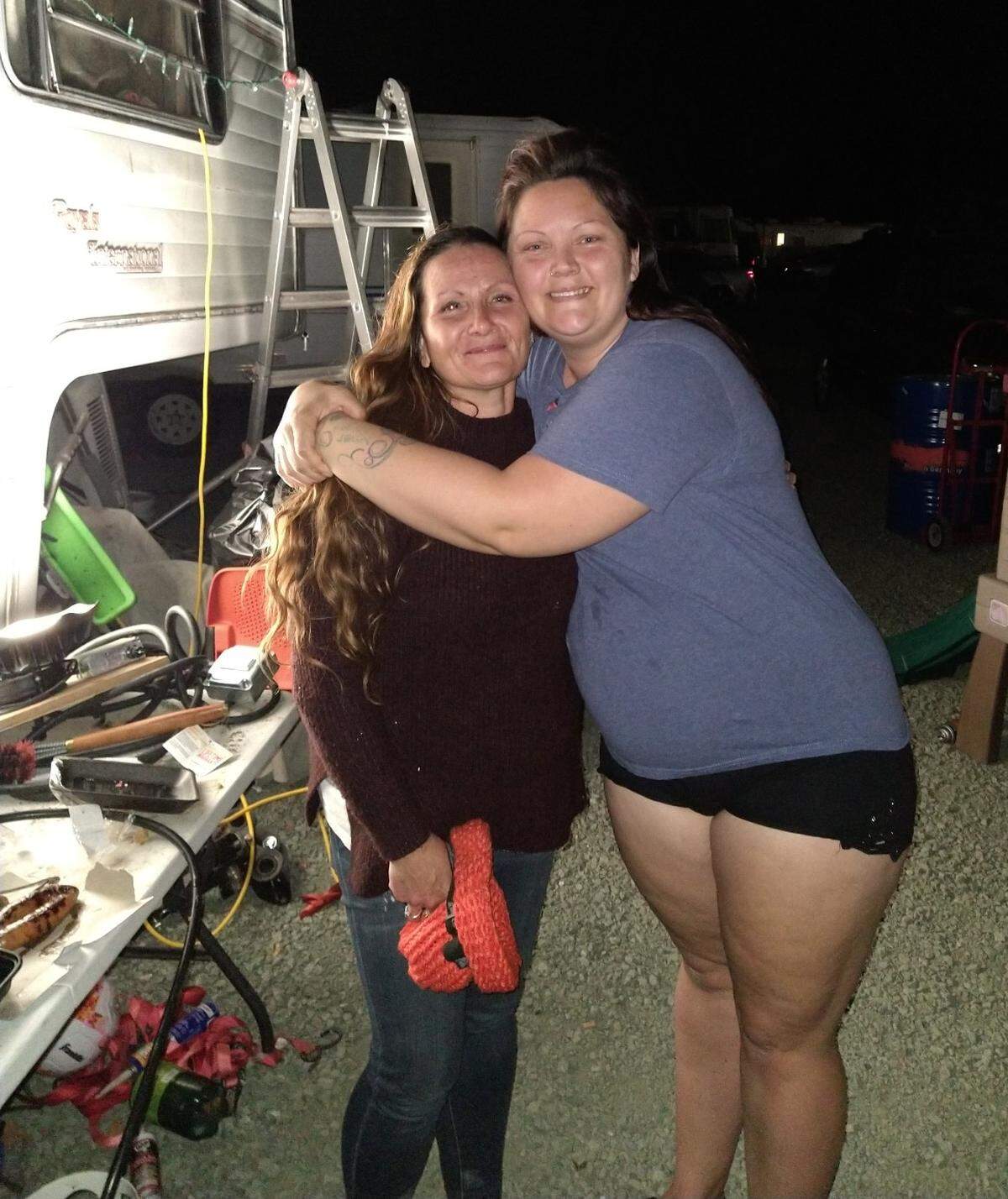 Jorji Coy-Epperly, left, died in an RV fire Tuesday morning at the Kansas Avenue Safe Parking facility. She’s pictured here with her friend, Amanda Watson.