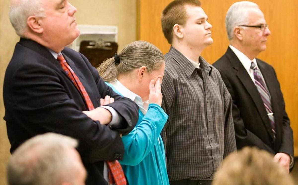 Judge Mike Cummins, far left, with client Rhonda Maye Wisto, second from left, listens as Wisto and her son, Frank Jacob York, are found guilty of murdering Santa Maria teen Dystiny Myers in March 2013.