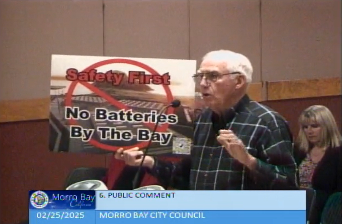 Citizens for Estero Bay Preservation group leader Barry Branin spoke in support of the 2-year battery plant permit ban at the Morro Bay City Council meeting on Feb. 25, 2025.