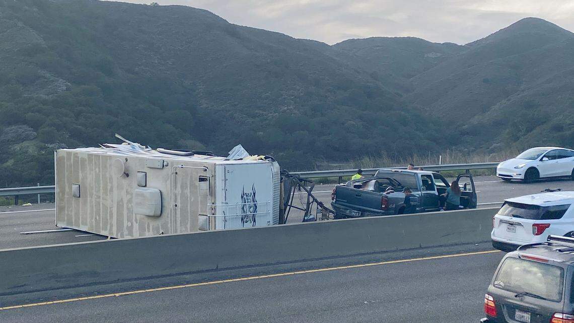A crash on Highway 101 brought traffic to a standstill over the Cuesta Grade on Feb. 27, 2025, after a trailer overturned on the road. 