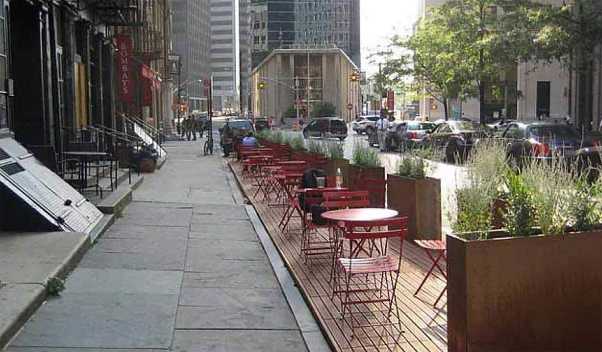 One option for San Luis Obispo calls for installing outdoor dining on decks adjacent to sidewalks, like in this example.