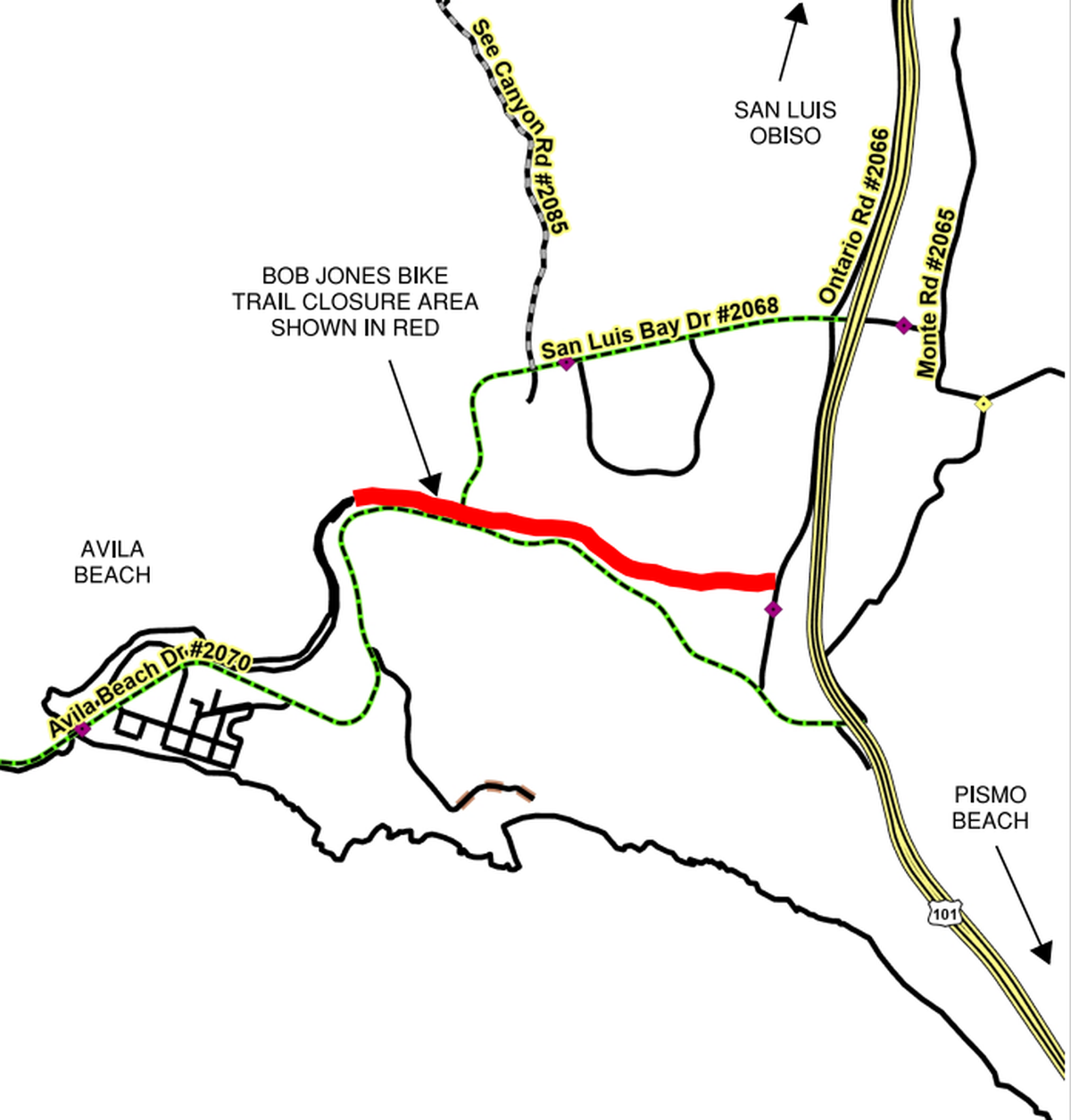 The San Luis Obispo County Public Works Department will close a section of the Bob Jones Trail trail from Ontario Road to Blue Heron Drive for “routine maintenance” from Jan. 6, 2025, to Jan. 10, 2025.