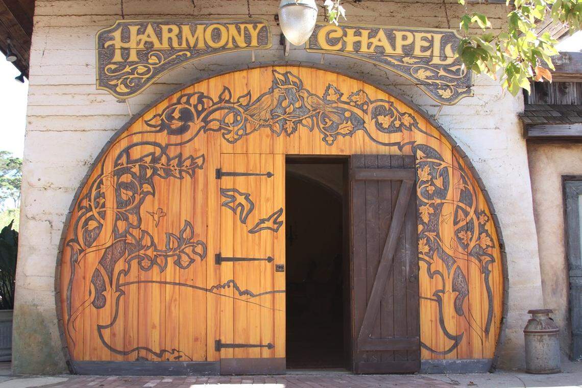 The tiny Harmony Chapel was used to store dairy and other perishable products during the heyday of the Harmony Valley Creamery Association. The four-pew chapel is used now for small weddings and other ceremonies.