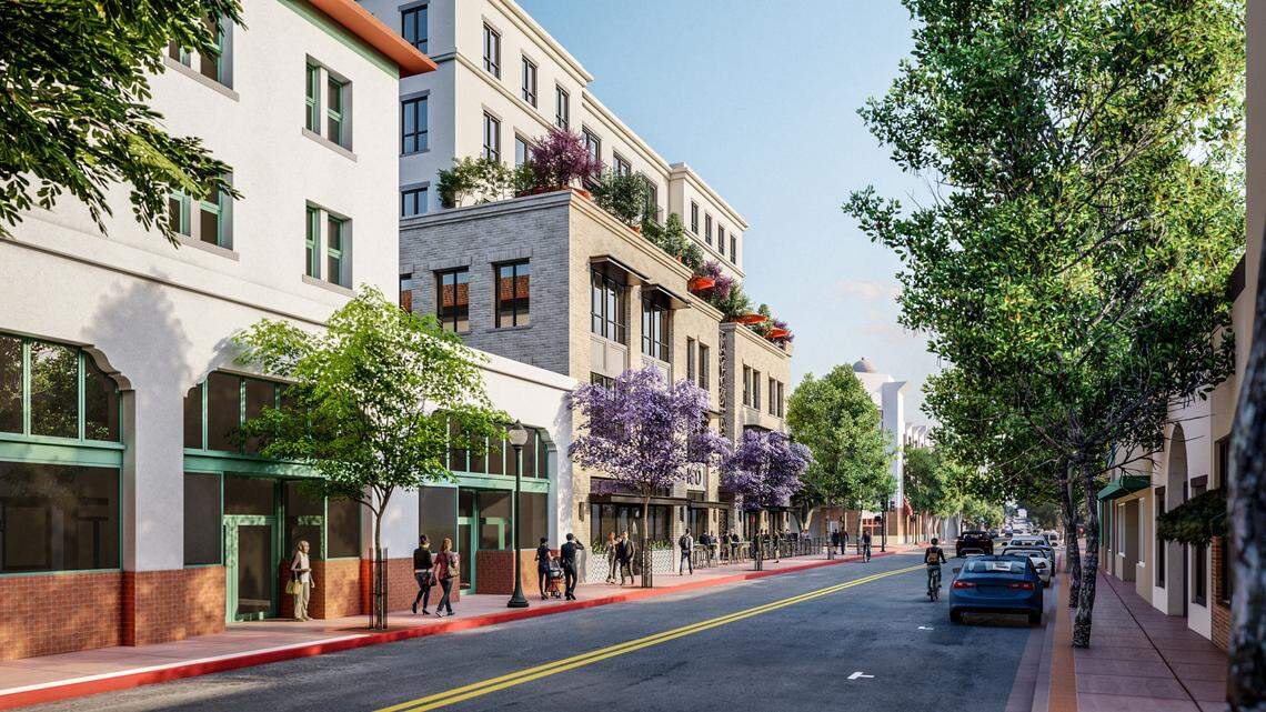 A rendering of the proposed six-story project at 1144 Chorro St. This image shows a view looking down Chorro.