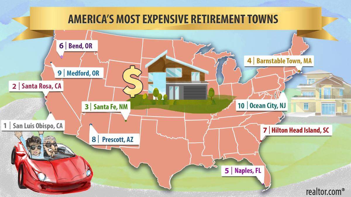 A realtor.com map shows the 10 most expensive places in the country to buy a retirement home. San Luis Obispo is ranked No. 1.