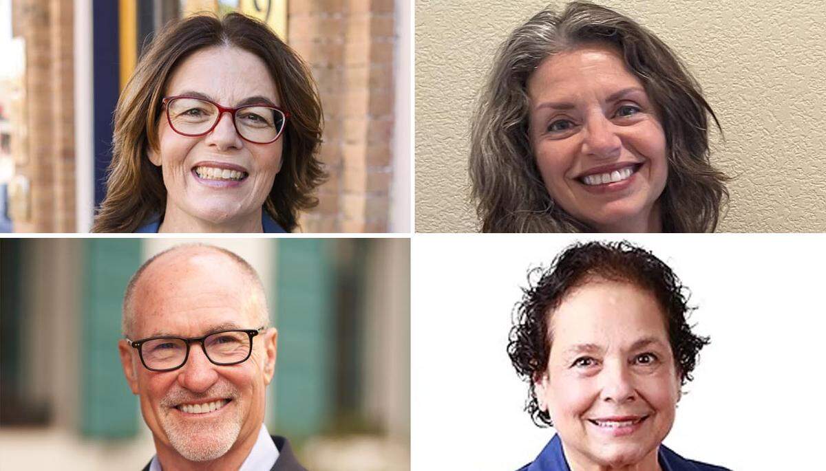 At top, in District 30, incumbent Assemblymember Dawn Addis, left, is being challenged by broadcast journalist Dalila Epperson. At bottom, in District 37, incumbent Assemblymember Gregg Hart is being challenged by retired business analyst Sari Domingues.