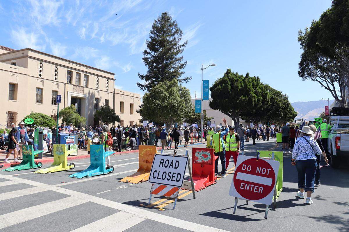 Protestors gathered in front of the courthouse in San Luis Obispo, for No Kings Day to protest executive overreach by the Trump administration on the president’s birthday.