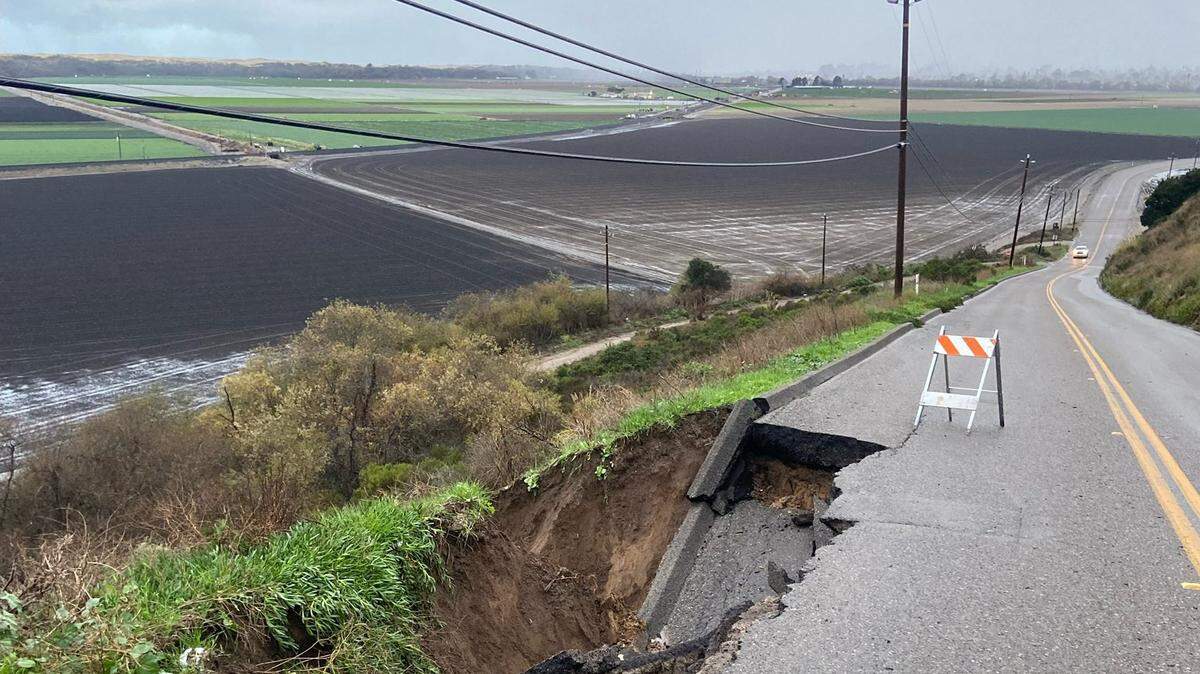 A section of Halcyon Road washed out early Saturday morning, Dec. 30, 2023, forcing closure of the route to the Nipomo Mesa.