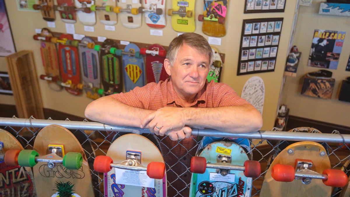 Jack Smith is closing the Morro Bay Skate Museum. David Middlecamp 5-12-2020