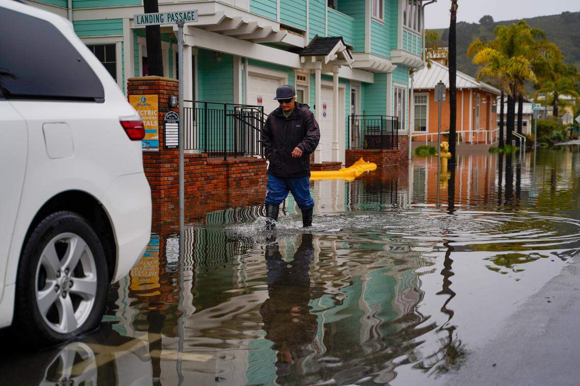 Front Street in Avila Beach was flooded during an atmospheric river storm on Feb. 13, 2025. 