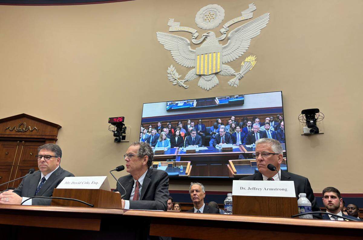 Cal Poly President Jeffrey Armstrong, right, testified before the House Committee on Education and Workforce on Wednesday, May 7, 2025, about antisemitism on the San Luis Obispo campus. He was joined by DePaul University President Robert Manuel, left, Georgetown University professor David Cole and, not pictured, Haverford College President Wendy Raymond.
