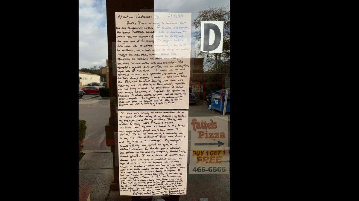 Atascadero Fatte’s Pizza owner Darryl Allan left a long note on the restaurant’s door detailing the reasons the business recently closed.