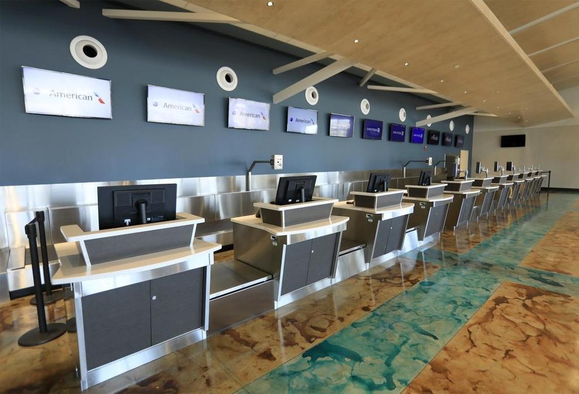 Airline ticket counters at the new San Luis Obispo County Regional Airport terminal building in San Luis Obispo.