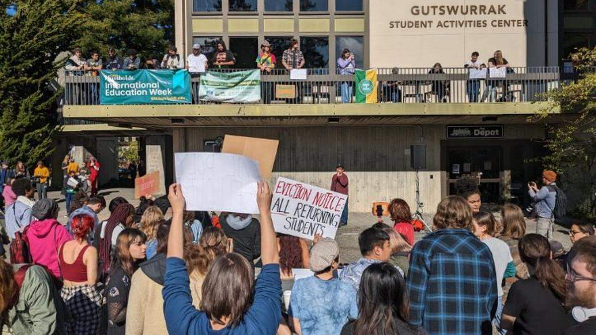 Cal Poly Humboldt students protest a lack of on-campus housing options Feb. 8, 2023, outside the Student Activities Center.