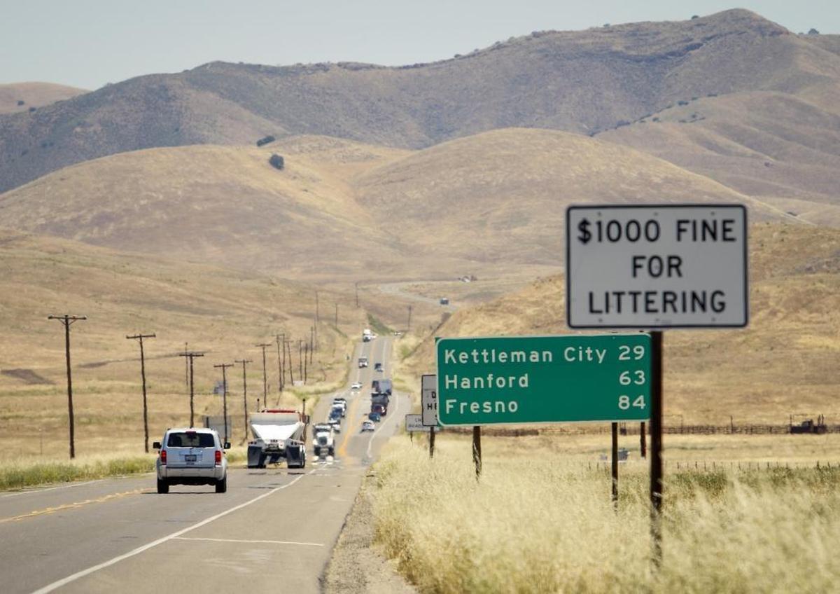 Traffic travels on a two-lane stretch of Highway 46 near the Cholame “Y.”