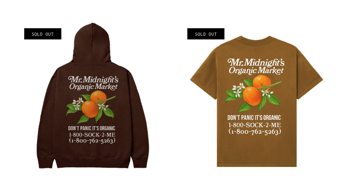 San Francisco rapper Larry June’s “Mr. Midnight’s Organic Market” T-shirts and hoodies include the phone number 1-800-SOCK-2-ME and 1-800-762-5263, which is the phone number to fishing charter company Virg’s Landing in Morro Bay.