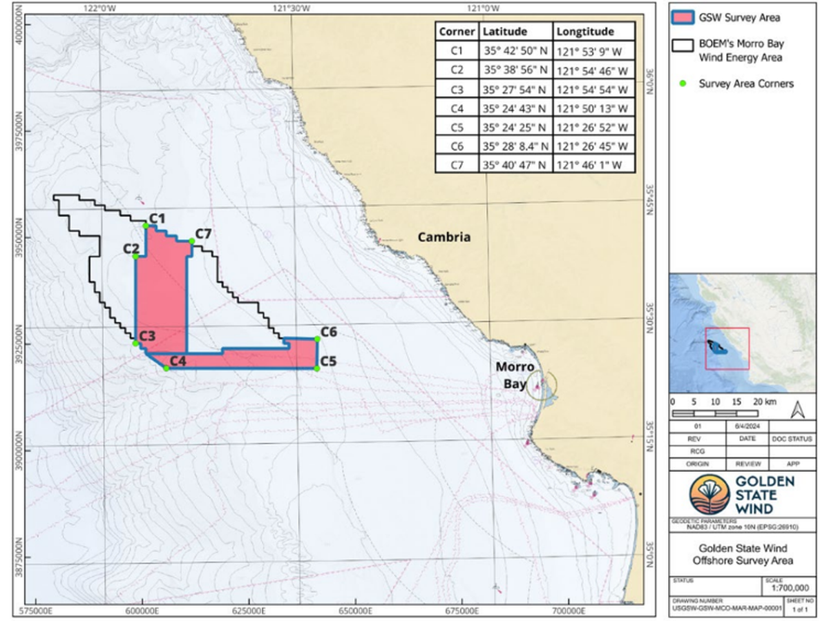 Golden State Wind will conduct site surveys in the Morro Bay Wind Energy Area from July 2, 2024, through October.