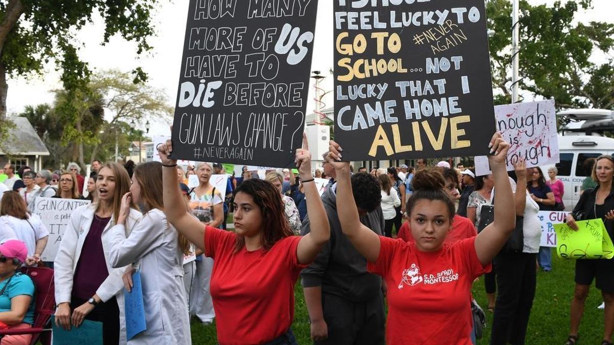 Students attend a rally against gun violence in Delray Beach, Florida. In March, students across the U.S., including in San Luis Obispo, are planning a walkout and a march to protest for stricter gun laws.